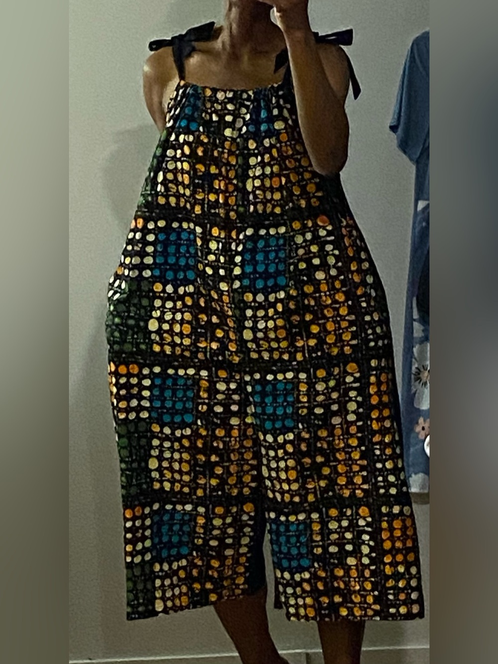 African Ankara Print Wide Leg Capri Jumpsuit with solid black back. Summer Vibe - Picture 7 of 12